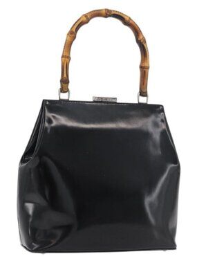 GUCCI Bamboo Hand Bag Enamel Black Silver 000 781 0295 Auth 176588
